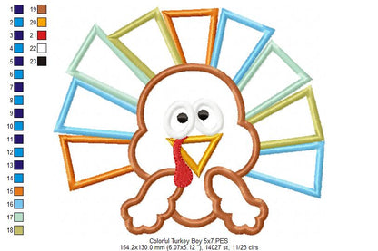 Thanksgiving Colorful Turkey Boy - Applique Embroidery