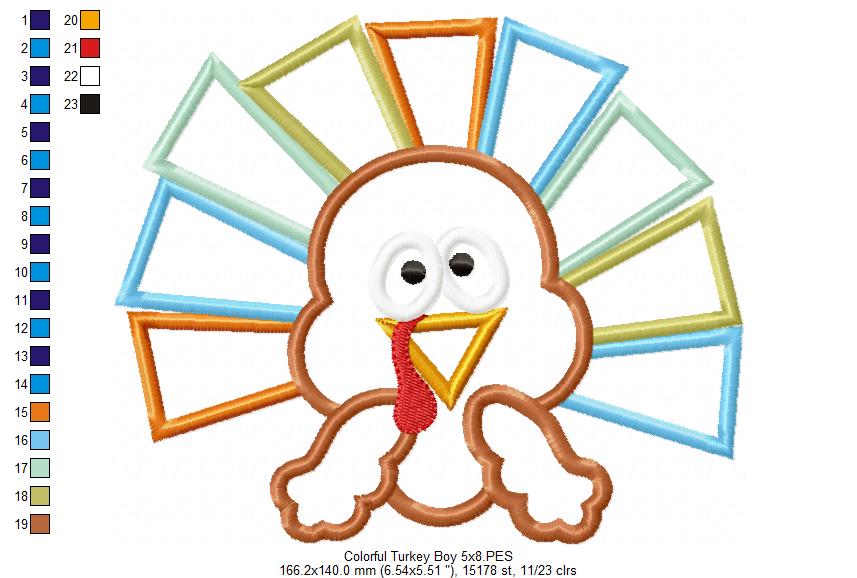 Thanksgiving Colorful Turkey Boy - Applique Embroidery
