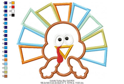 Thanksgiving Colorful Turkey Boy - Applique Embroidery
