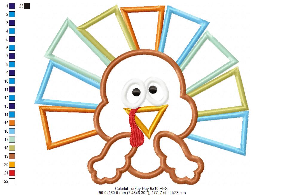 Thanksgiving Colorful Turkey Boy - Applique Embroidery