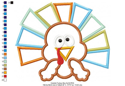 Thanksgiving Colorful Turkey Boy - Applique Embroidery