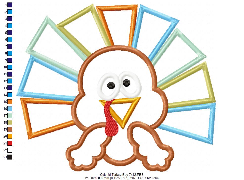 Thanksgiving Colorful Turkey Boy - Applique Embroidery