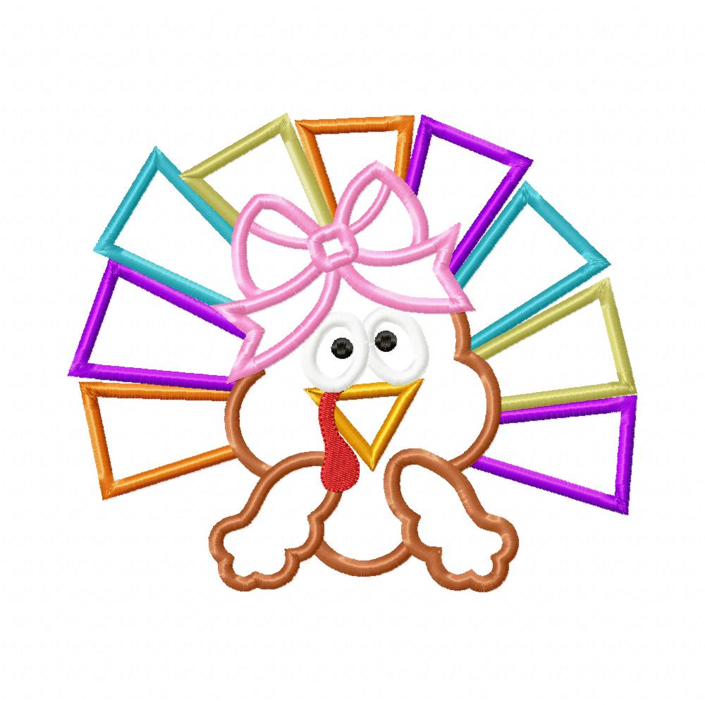 Thanksgiving Colorful Turkey Girl - Applique - Machine Embroidery Design