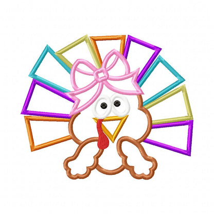 Thanksgiving Colorful Turkey Girl - Applique - Machine Embroidery Design