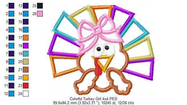 Thanksgiving Colorful Turkey Girl - Applique - Machine Embroidery Design