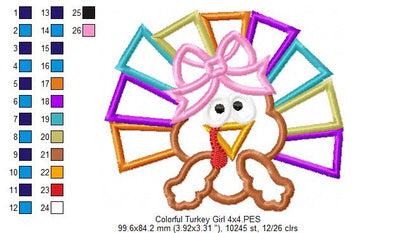 Thanksgiving Colorful Turkey Girl - Applique - Machine Embroidery Design