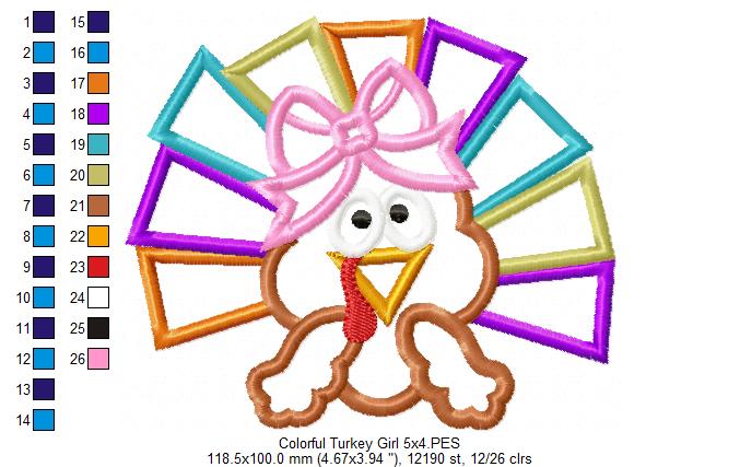 Thanksgiving Colorful Turkey Girl - Applique - Machine Embroidery Design