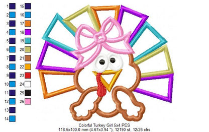 Thanksgiving Colorful Turkey Boy and Girl - Set of 2 Designs - Applique Embroidery