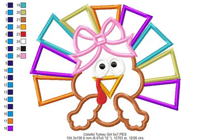 Thanksgiving Colorful Turkey Girl - Applique - Machine Embroidery Design
