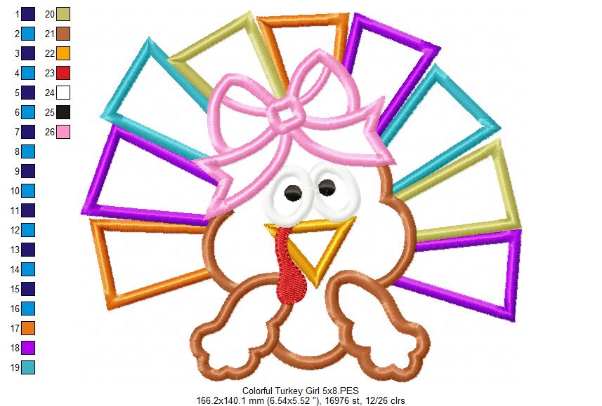 Thanksgiving Colorful Turkey Girl - Applique - Machine Embroidery Design