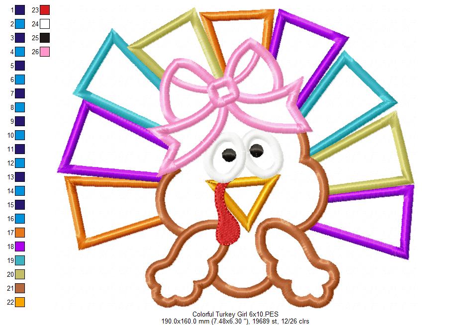 Thanksgiving Colorful Turkey Girl - Applique - Machine Embroidery Design