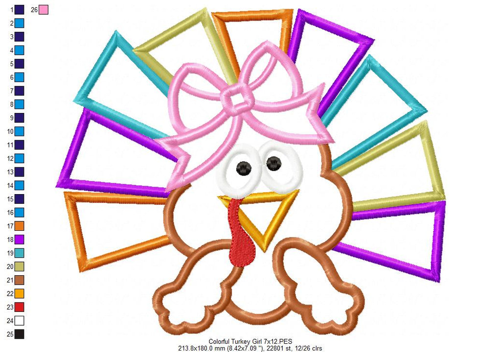 Thanksgiving Colorful Turkey Girl - Applique Embroidery