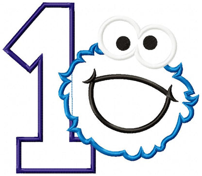 Cookie Monster 1st Birthday Number 1 - Applique - Machine Embroidery Design