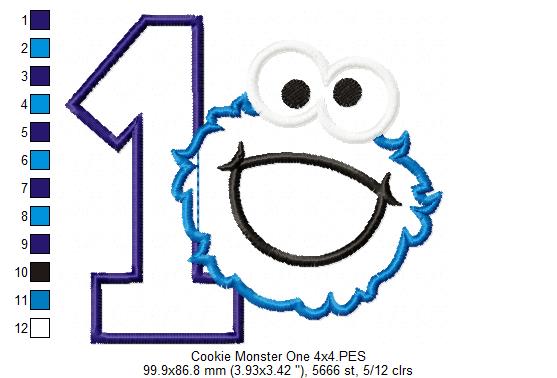Cookie Monster 1st Birthday Number 1 - Applique Embroidery