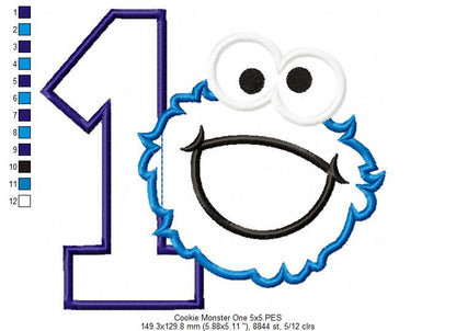 Cookie Monster 1st Birthday Number 1 - Applique - Machine Embroidery Design