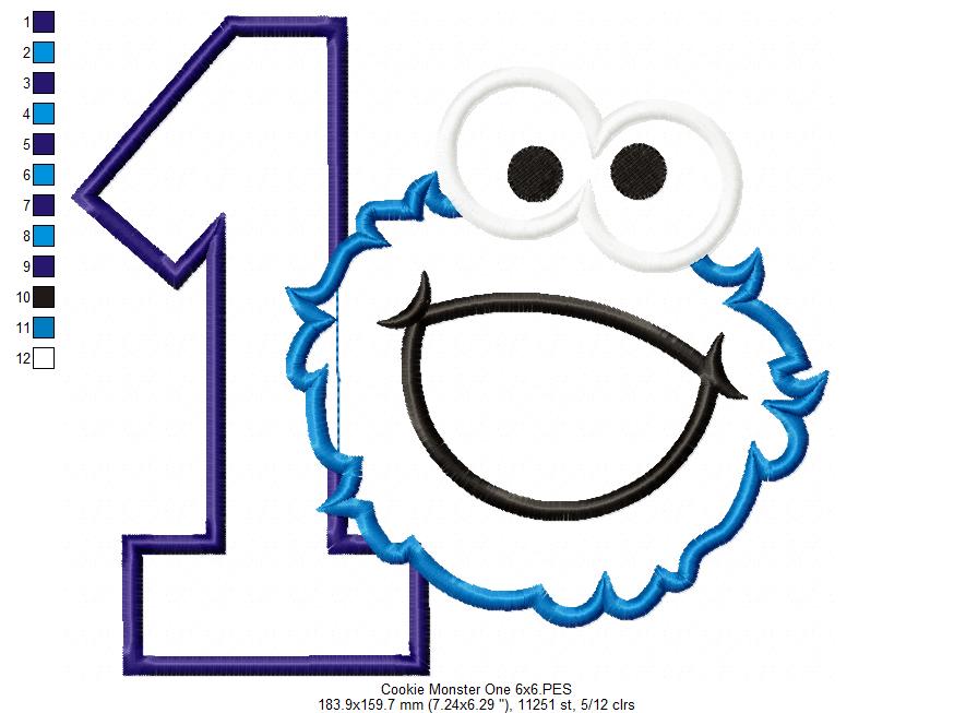 Cookie Monster 1st Birthday Number 1 - Applique - Machine Embroidery Design