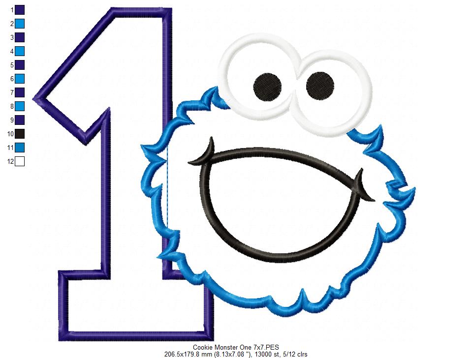 Cookie Monster 1st Birthday Number 1 - Applique - Machine Embroidery Design