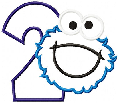 Cookie Monster 2nd Birthday Number 2 - Applique - Machine Embroidery Design