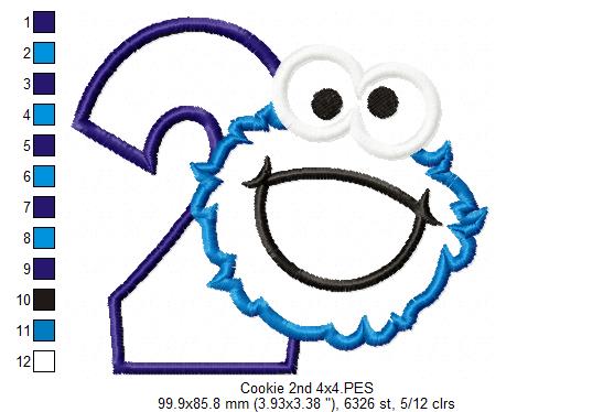 Cookie Monster 2nd Birthday Number 2 - Applique - Machine Embroidery Design
