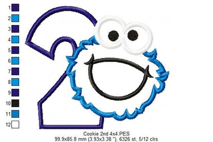 Cookie Monster 2nd Birthday Number 2 - Applique - Machine Embroidery Design