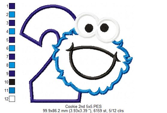 Cookie Monster 2nd Birthday Number 2 - Applique - Machine Embroidery Design