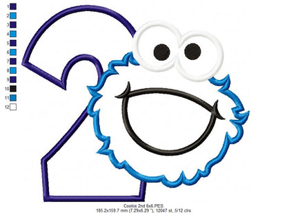 Cookie Monster 2nd Birthday Number 2 - Applique - Machine Embroidery Design