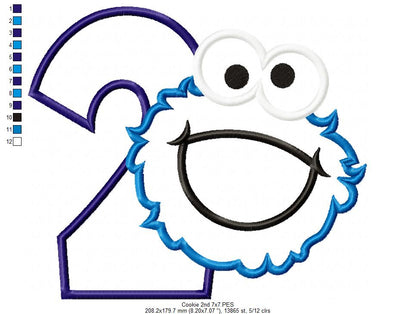 Cookie Monster 2nd Birthday Number 2 - Applique - Machine Embroidery Design