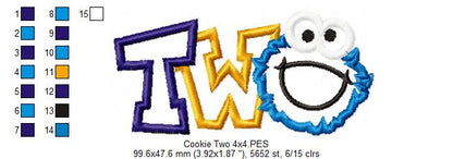 Cookie Monster 2nd Birthday Two - Applique - Machine Embroidery Design
