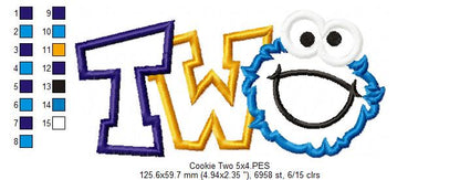 Cookie Monster 2nd Birthday Two - Applique - Machine Embroidery Design