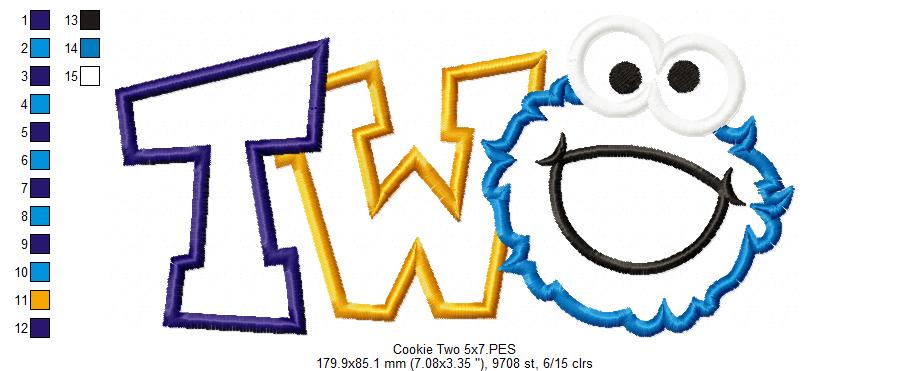 Cookie Monster 2nd Birthday Two - Applique - Machine Embroidery Design