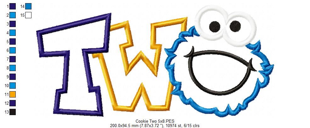 Cookie Monster 2nd Birthday Two - Applique - Machine Embroidery Design