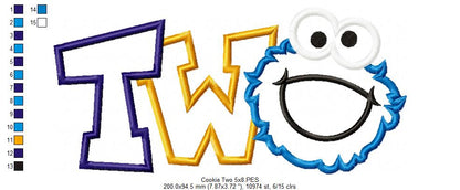 Cookie Monster 2nd Birthday Two - Applique - Machine Embroidery Design
