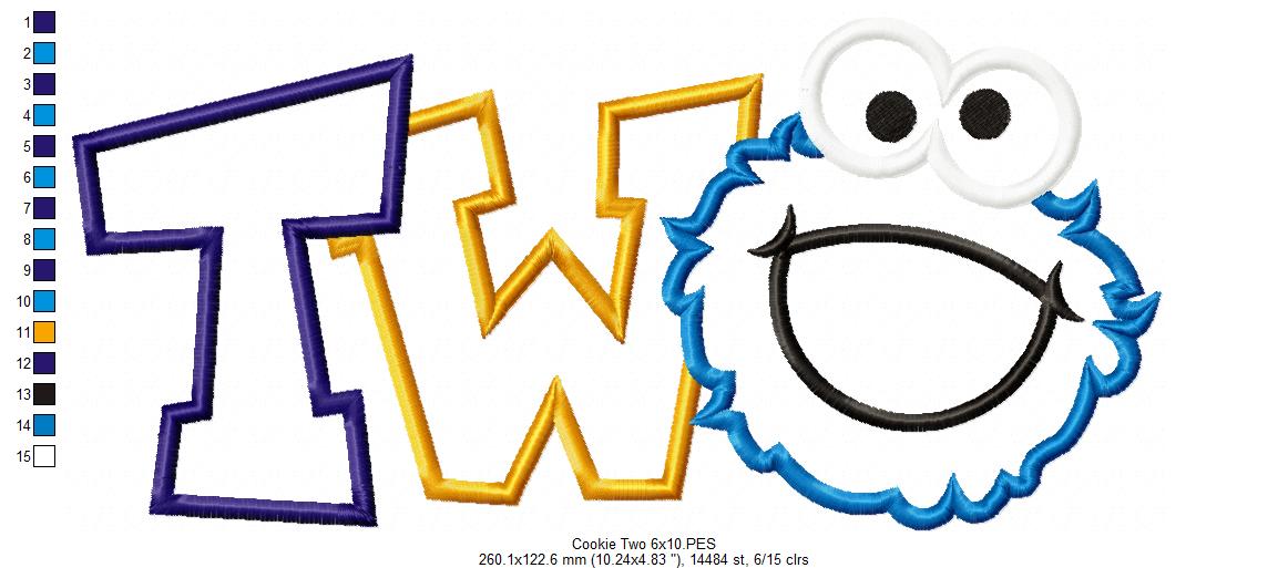 Cookie Monster 2nd Birthday Two - Applique - Machine Embroidery Design