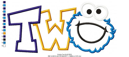 Cookie Monster 2nd Birthday Two - Applique - Machine Embroidery Design