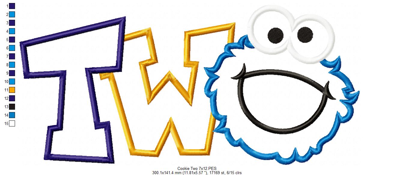 Cookie Monster 2nd Birthday Two - Applique - Machine Embroidery Design