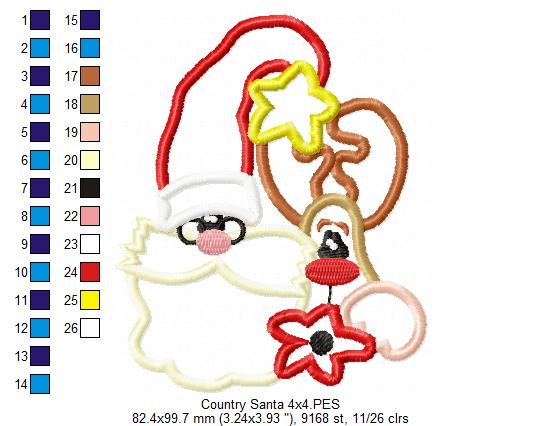 Country Santa Claus and Reindeer - Applique - Machine Embroidery Design