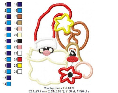 Country Santa Claus and Reindeer - Applique - Machine Embroidery Design