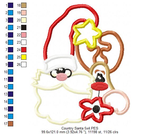 Country Santa Claus and Reindeer - Applique - Machine Embroidery Design