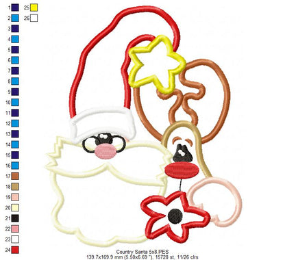 Country Santa Claus and Reindeer - Applique - Machine Embroidery Design