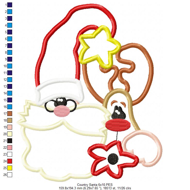 Country Santa Claus and Reindeer - Applique - Machine Embroidery Design