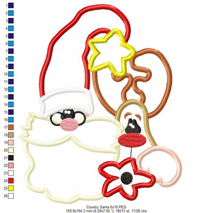 Country Santa Claus and Reindeer - Applique - Machine Embroidery Design