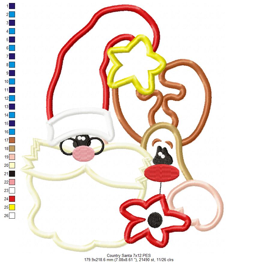 Country Santa Claus and Reindeer - Applique - Machine Embroidery Design