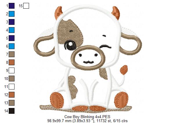 Little Cow Boy Blinking - Applique - Machine Embroidery Design