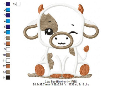Little Cow Boy Blinking - Applique - Machine Embroidery Design