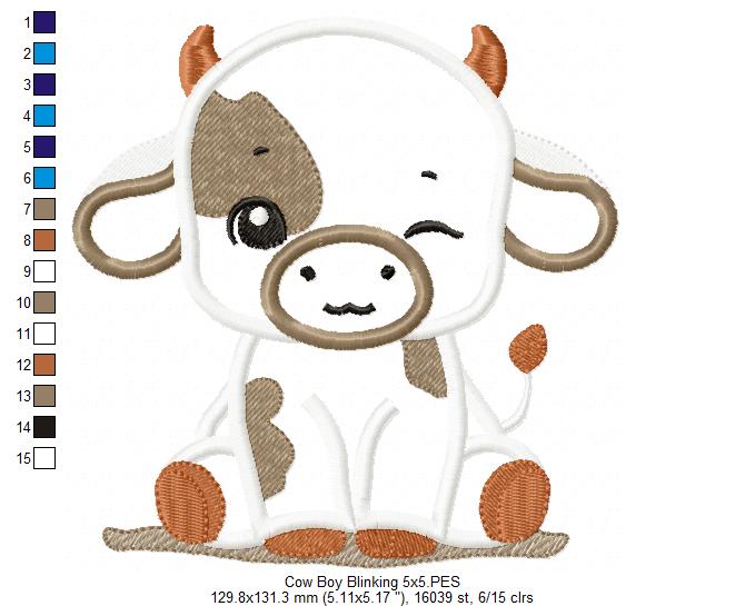 Little Cow Boy Blinking - Applique - Machine Embroidery Design