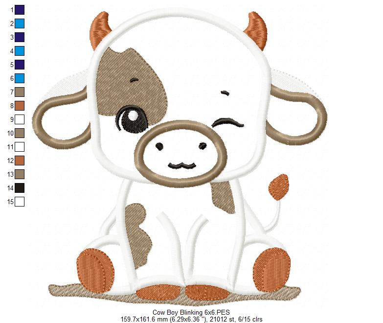 Little Cow Boy Blinking - Applique - Machine Embroidery Design