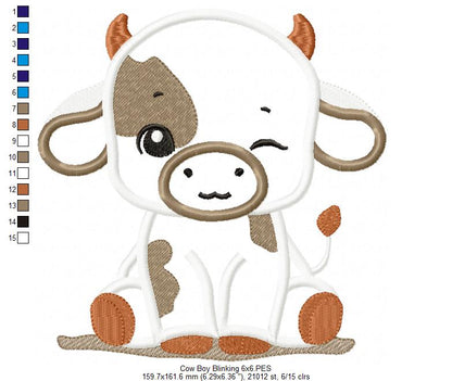 Little Cow Boy Blinking - Applique - Machine Embroidery Design