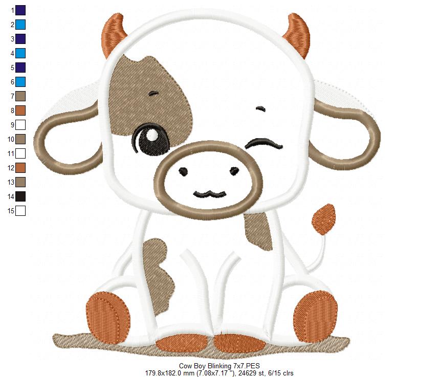 Little Cow Boy Blinking - Applique - Machine Embroidery Design