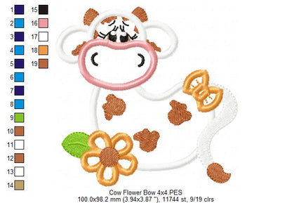 Farm Cow, Flowers and Bow - Applique Embroidery