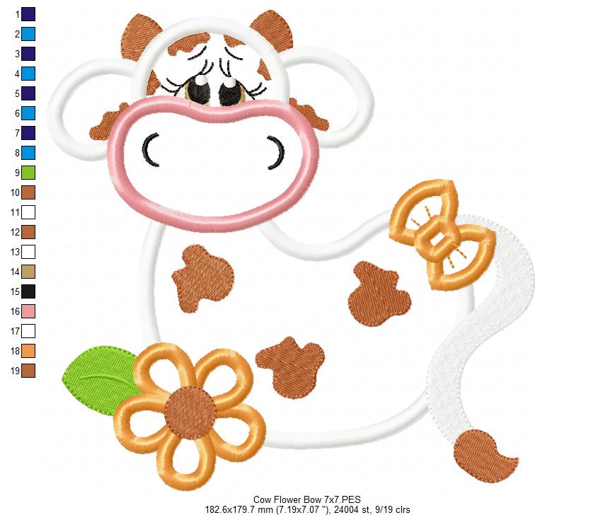 Farm Cow, Flowers and Bow - Applique Embroidery